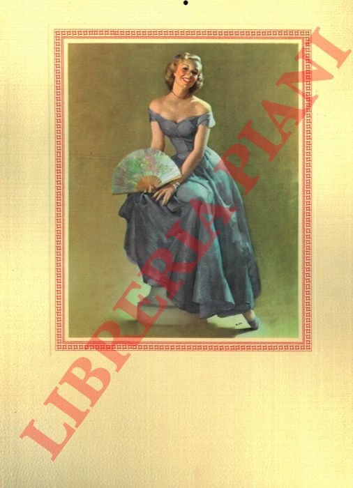 Bionda sorridente con abito azzurro e ventaglio aperto, su fondo …