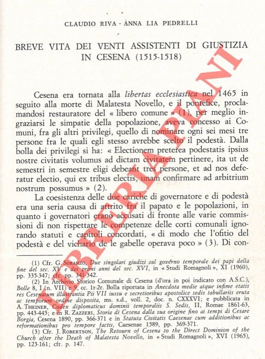 Breve vita dei Venti Assistenti di Giustizia in Cesena (1515-1518)