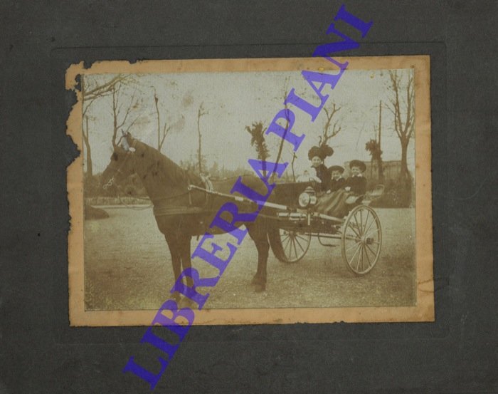 Calesse con cavallo e signora con due bambini.