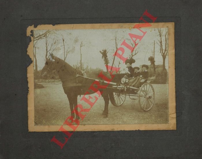 Calesse con cavallo e signora con due bambini.