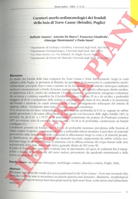 Caratteri morfo-sedimentologici dei fondali della baia di Torre Canne (Brindisi, …