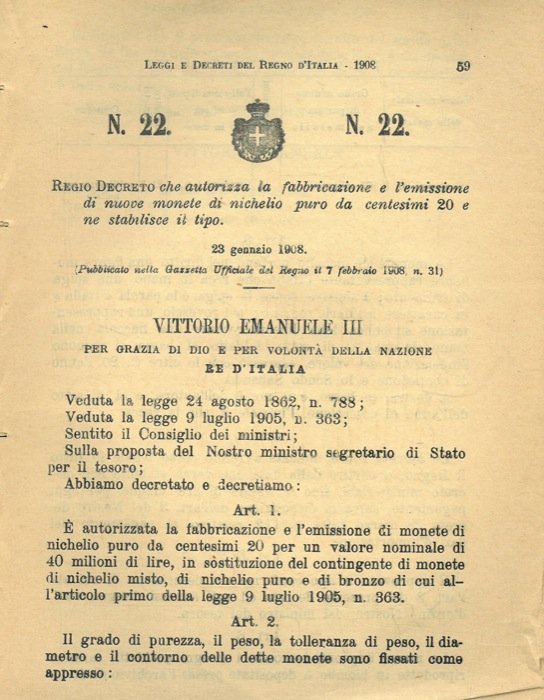 che autorizza la fabbricazione e la emissione di nuove monete …