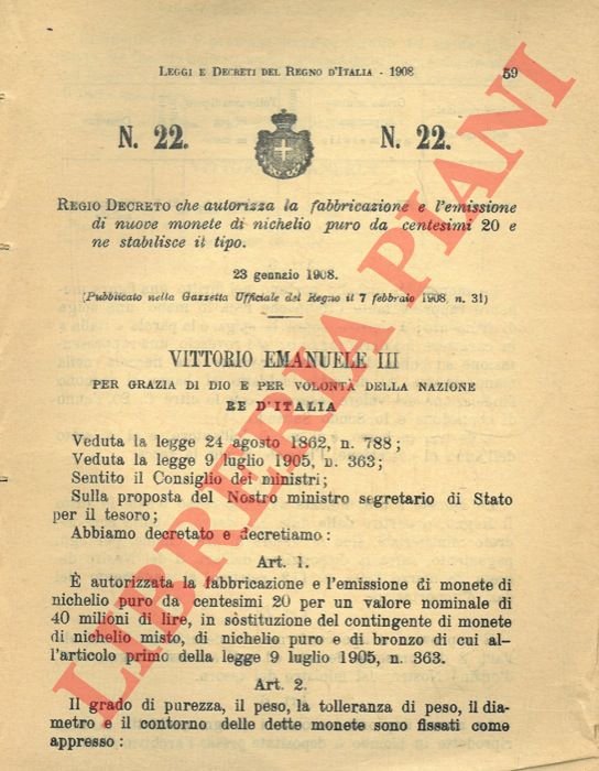 che autorizza la fabbricazione e la emissione di nuove monete …