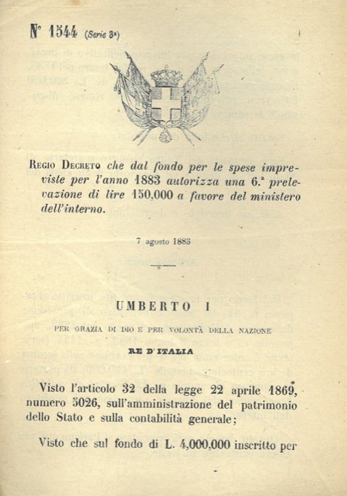 che dal fondo per le spese impreviste per l'anno 1883 …
