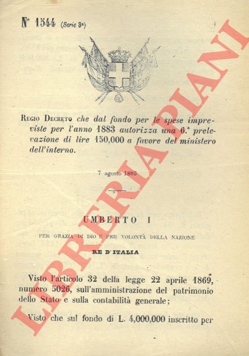 che dal fondo per le spese impreviste per l'anno 1883 …