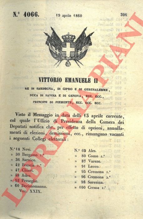 che dichiara vacanti alcuni collegi elettorali (Novi, Bergamo, Sarnico, Brescia … | Immagine Gallery 3