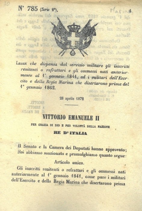 che dispensa dal servizio militare gli inscritti renitenti o refrattari …