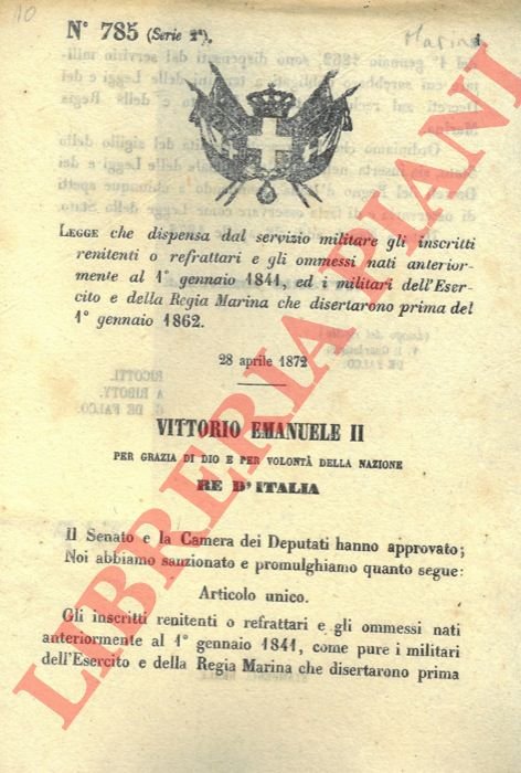 che dispensa dal servizio militare gli inscritti renitenti o refrattari …