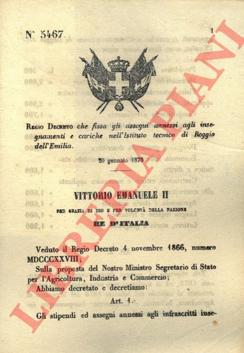 che fissa gli assegni annessi agli insegnanti e cariche nell'Istituto …