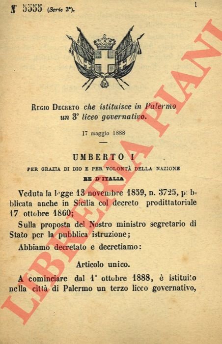 che istituisce in Palermo un 3° liceo governativo.