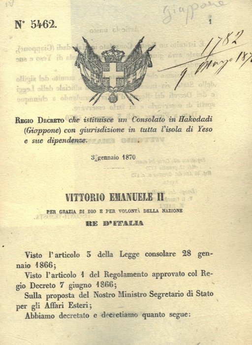 che istituisce un consolato in Hakodadi (Giappone) con giurisdizione in …
