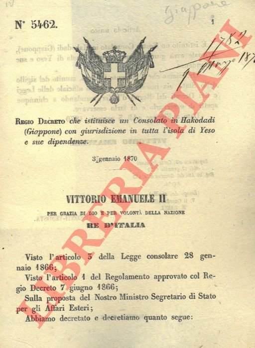 che istituisce un consolato in Hakodadi (Giappone) con giurisdizione in …