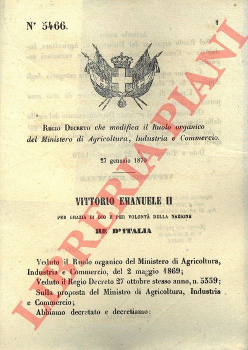 che modifica il Ruolo organico del Ministero di Ageicoltura, Industria …