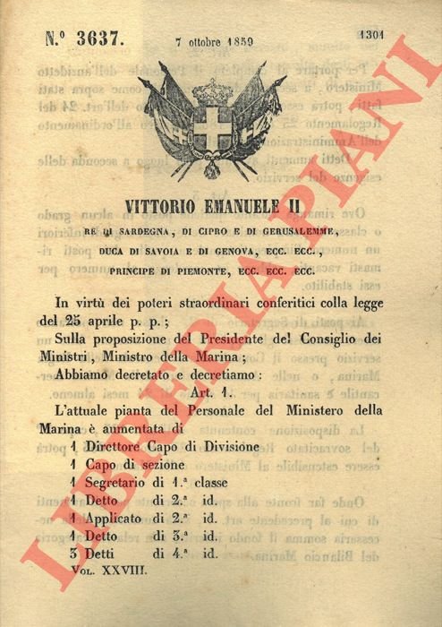 che modifica la pianta del personale del Ministero della Marina.