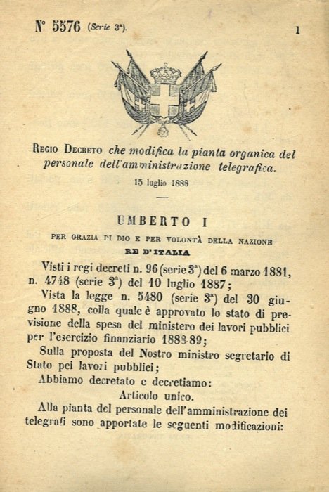 che modifica la pianta organica del personale dell'amministrazione telegrafica.