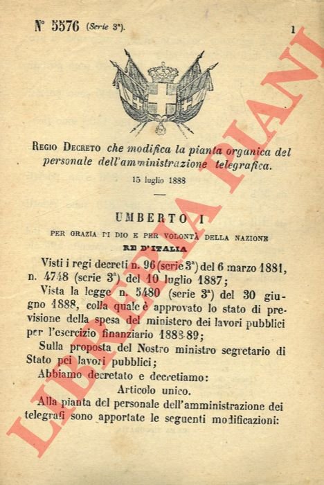 che modifica la pianta organica del personale dell'amministrazione telegrafica.