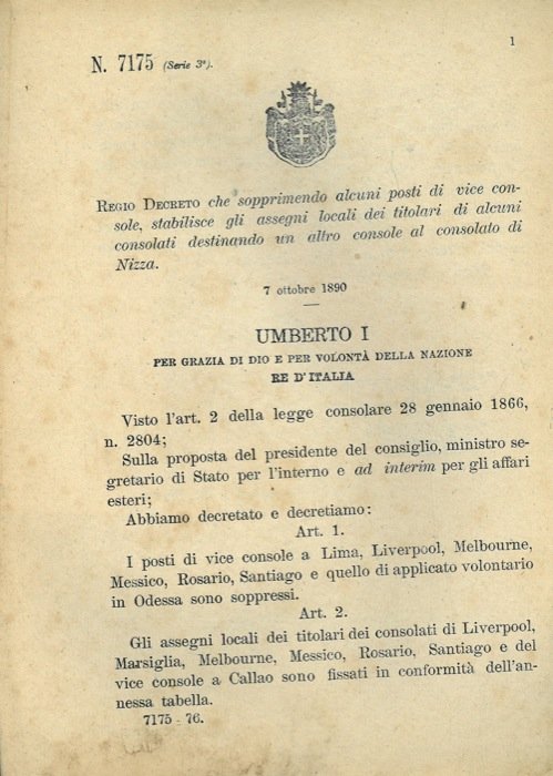 che sopprimendo alcuni posti di vice console, stabilisce gli assegni …