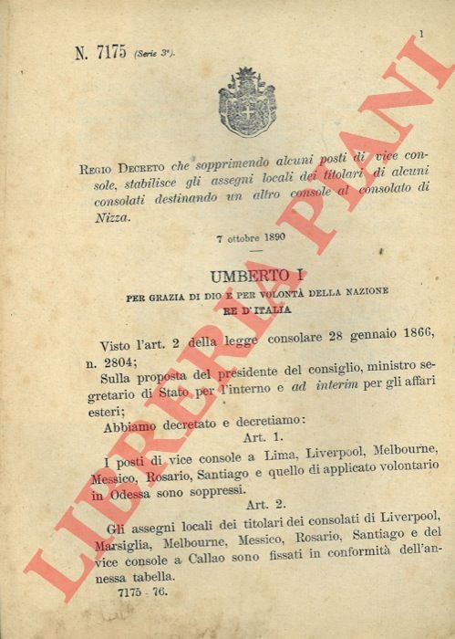 che sopprimendo alcuni posti di vice console, stabilisce gli assegni …