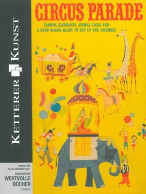 Circus parade. Clowns, elephants, animal cages and a band wagon …