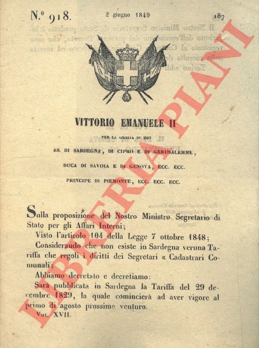 con cui si decide la pubblicazione in Sardegna della tariffa …