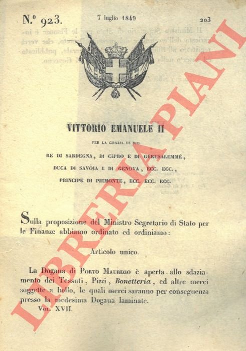 con cui si stabilisce l'apertura della Dogana di Porto Maurizio …