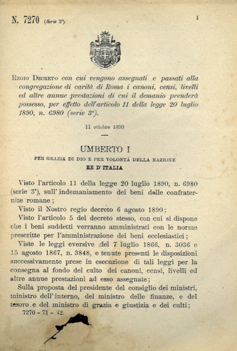 con cui vengono assegnati e passati alla congregazione di carità …
