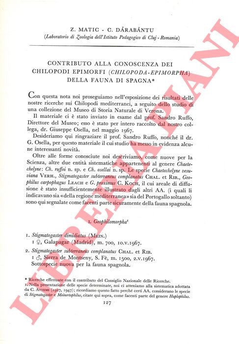 Contributo alla conoscenza dei Chilopodi Epimorfi (Chilopoda Epimorpha) della fauna …