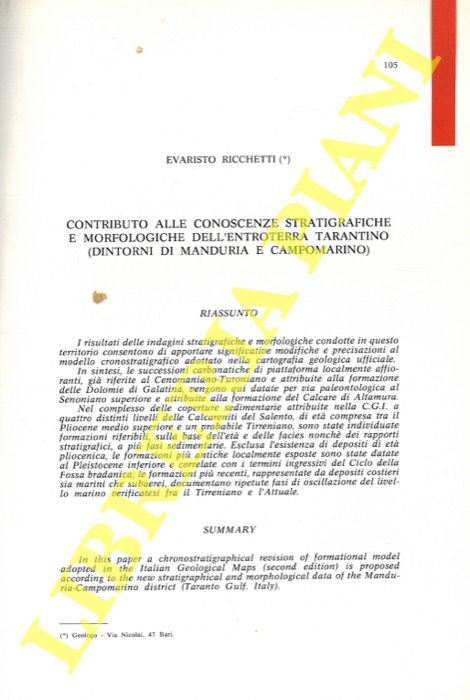 Contributo alle conoscenze stratigrafiche e morfologiche dell'entroterra tarantino (dintorni di …