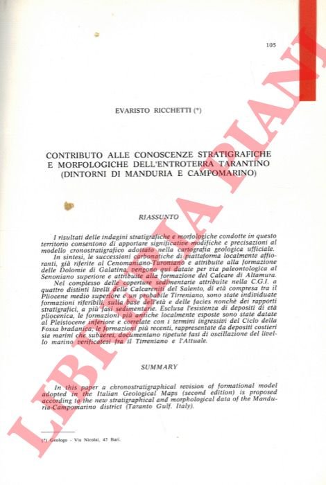 Contributo alle conoscenze stratigrafiche e morfologiche dell'entroterra tarantino (dintorni di …