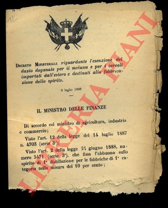 Decreto Ministeriale riguardante le'senzione del dazio doganale per il melasso …