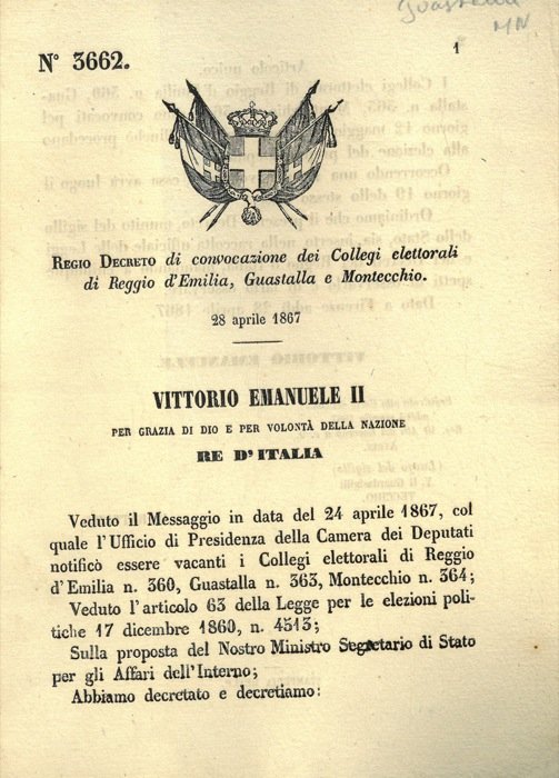 di convocazione dei Collegi elettorali di Reggio d'Emilia, Guastalla e …