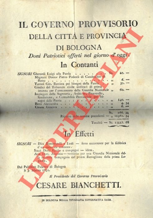 Doni Patriottici offerti nel giorno d'oggi. (Gherardi Luigi, Mignani Pietro, …