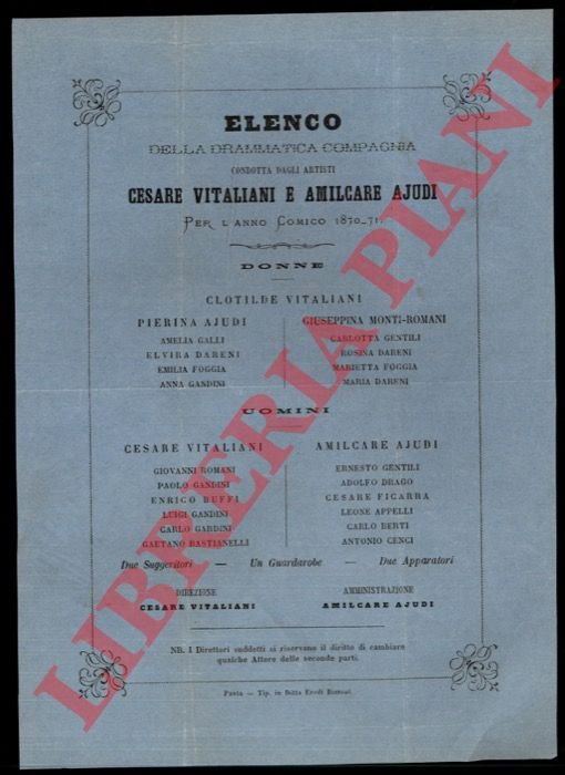 Elenco della Drammatica Compagnia Cesare Vitaliani e Amilcare Ajudi per …