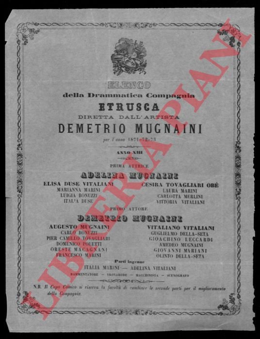 Elenco della Drammatica Compagnia Etrusca diretta dall'Artista Demetrio Mugnaini.