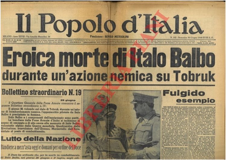 "Eroica morte di Italo Balbo ."