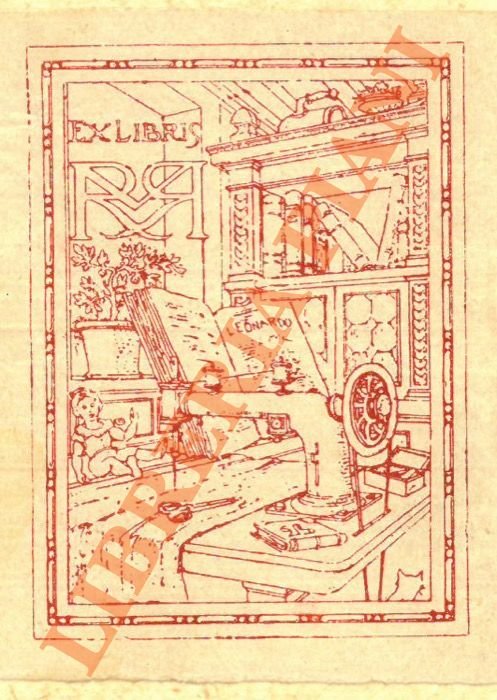 Ex libris con monogramma RMR, macchina da cucire, libreria.
