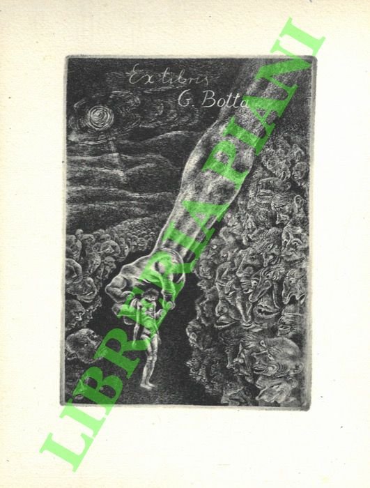 Ex libris G. Botta. (Una grossa mano afferra una giovane donna mentre molti volti guardano).