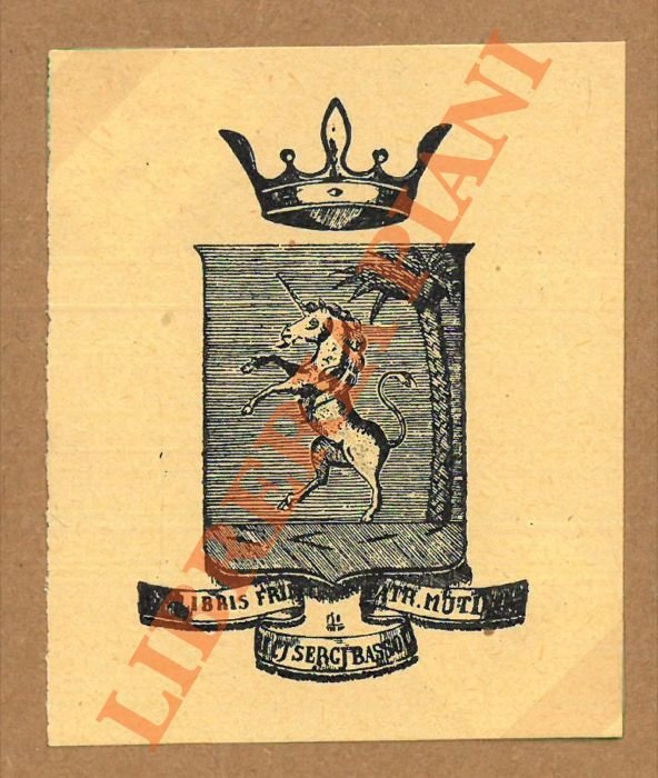 Ex libris nobiliare con unicorno, palma e corona.