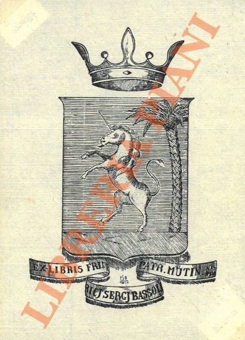 Ex libris nobiliare con unicorno, palma e corona.