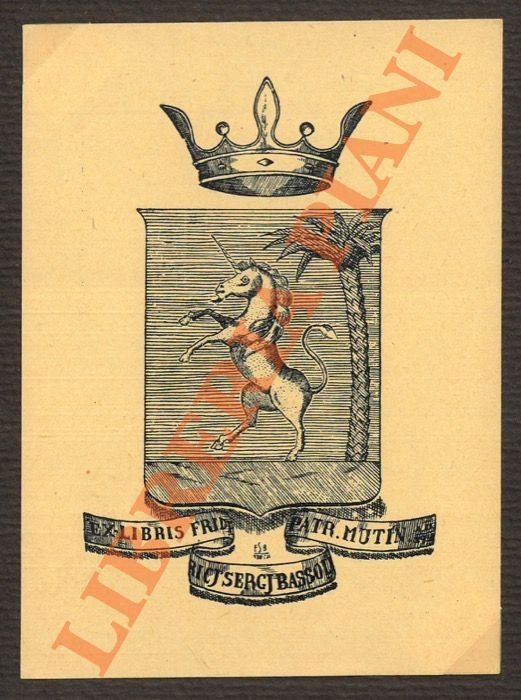 Ex libris nobiliare con unicorno, palma e corona.