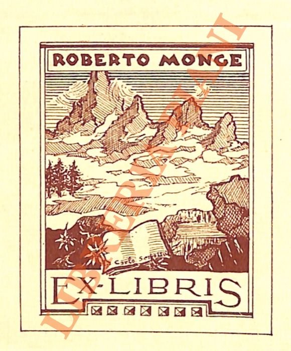 Ex libris Roberto Monge, con paesaggio alpino sullo sfondo.