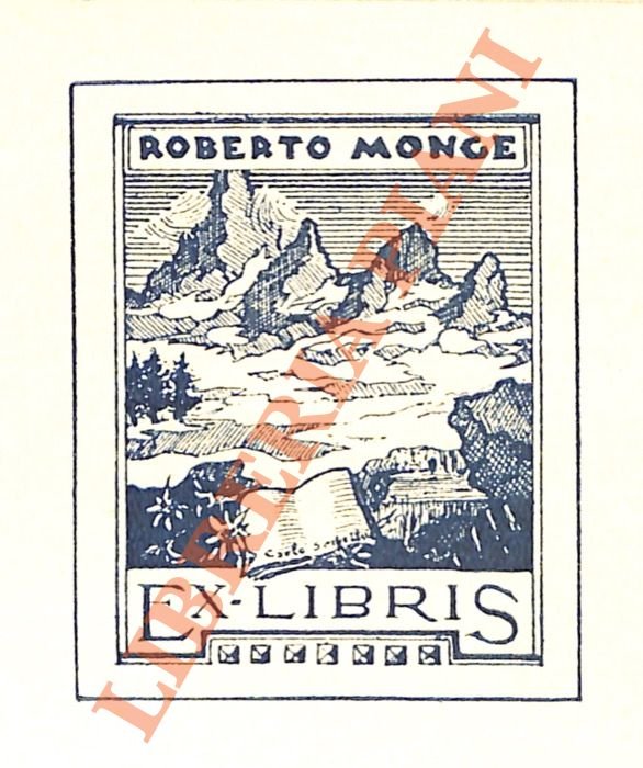 Ex libris Roberto Monge, con paesaggio alpino sullo sfondo.