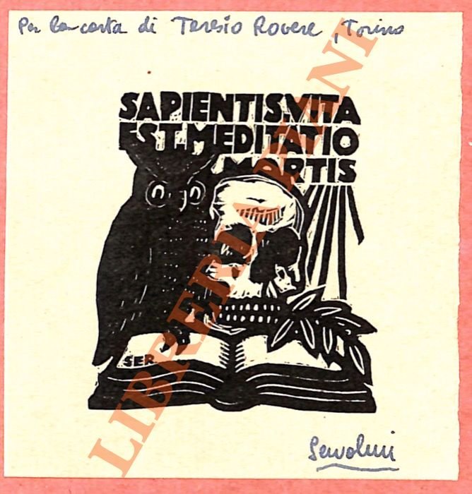 Ex libris senza nome: teschio, gufo, libro.