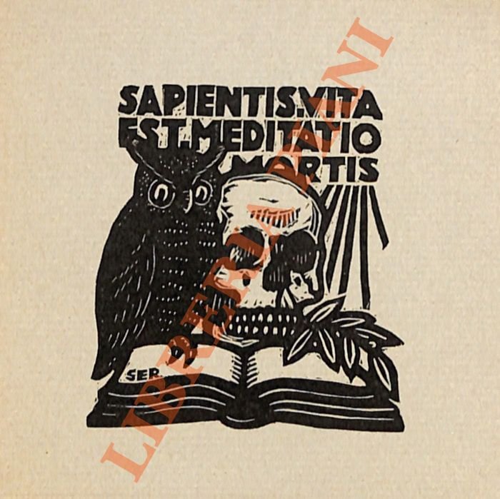 Ex libris senza nome: teschio, gufo, libro.