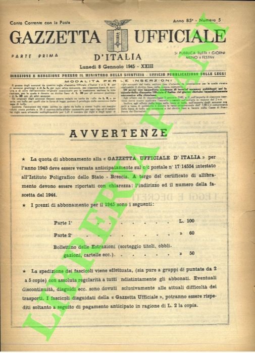 Gazzetta Ufficiale. Anno 85° Numero 5.