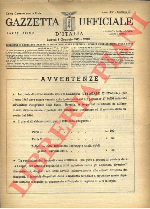 Gazzetta Ufficiale. Anno 85° Numero 5.