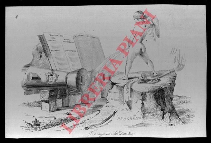 Giovane angelo orina copiosamente su colonne austriache abbattute, dall'alto di …