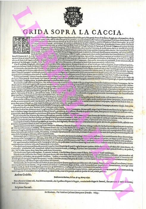 Grida Generale sopra la Caccia. Date dal Duca di Modena …