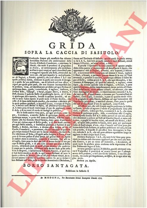 Grida Generale sopra la Caccia. Date dal Duca di Modena …