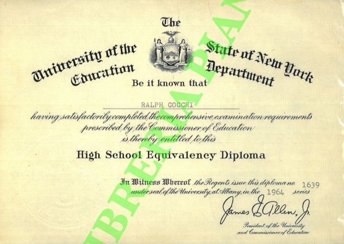 High School Equivalency Diploma a Ralph Cocchi.
